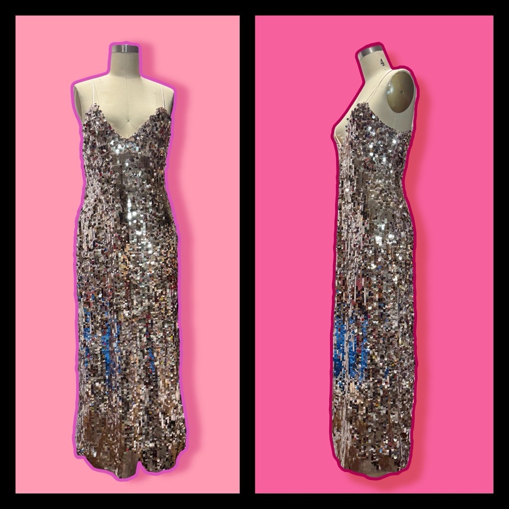 NWT Zara silver sequin dress M spaghetti strap midi